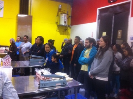Volunteers in the kitchen of the San Francisco Food Bank